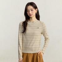 茵曼 撞色条纹半高领长袖T恤女2025秋季复古时尚百搭休闲打底衫