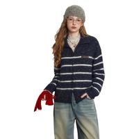 UNIFREE条纹针织衫女翻领秋冬加厚绒感宽松保暖开衫毛衣外套 蓝色 均码