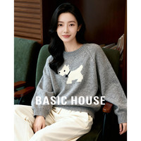 Basic House/百家好灰色小狗提花毛衣女冬季圆领萌趣减龄保暖上衣