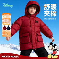 迪士尼（Disney）男童棉服中大童冬季连帽夹棉保暖防风字母中长款外套新款 红色 150