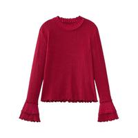 茵曼 法式荷叶袖半高领红色打底衫女2025秋冬款时尚百搭木耳边T恤