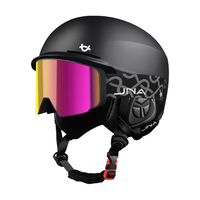 蕉牛滑雪头盔雪镜一体式单双板滑雪护具男女成人防撞保暖透气滑雪装备 K10黑+X50高山粉 【翻盖磁吸】 L码-适合女生（头围53-58cm）