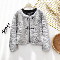 拉夏贝尔 女士毛茸茸保暖外套 牛角扣加厚上衣