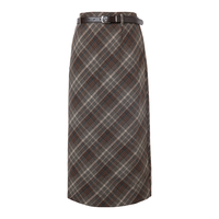 百图 【格纹毛呢裙】秋冬撞色格纹后开叉中长款直筒半身裙