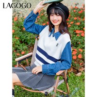 LAGOGO黑白撞色条纹无袖针织衫女拉谷谷春季新款V领简约背心马甲 白黑(VW)