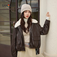 SANFU 厚外套女2025新款冬季保暖加绒皮夹克毛绒翻领上衣女装511706