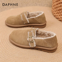 达芙妮真皮勃肯鞋女2025秋冬加绒保暖雪地靴一脚蹬平底外穿毛毛棉鞋 卡其色【冬季短绒款】 38