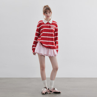 樱桃KIRSH 韩系撞色条纹长袖polo衫女2025秋少女甜美翻领上衣