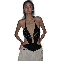 OMOM新款性感深V三角连体泳衣女式修身显瘦海边度假温泉泳装 黑色