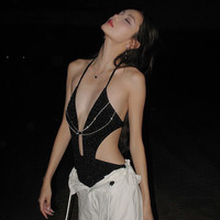 OMOM 性感深V三角连体泳衣女式修身显瘦海边度假温泉泳装 黑色 S