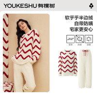 国家补贴、保暖服饰：YOUKESHU 【节日氛围】半边绒圆领套头设计感可外穿家居服套装