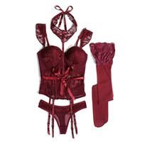 浪莎 性感蕾丝内衣女舒适聚拢有钢圈鱼骨束腰马甲吊袜带胸垫塑身衣套