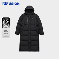 FILA FUSION斐乐潮牌长款鹅绒羽绒服女2025冬季保暖连帽外套 正黑色-BK 180/96A/XXL