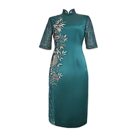 今典 【传统手绣工艺】春夏女款烫钻手工钉珠重磅真丝礼服旗袍