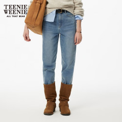 TEENIE WEENIE 小熊女装轻暖绒牛仔裤冬季简约风通勤休闲磨毛烟管裤 浅蓝色