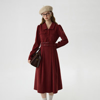 范思蓝恩红色复古港风收腰连衣裙秋冬2024新款工装绒感加厚14552