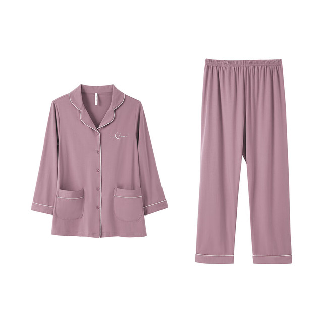 安之伴 女士睡衣秋纯色简约开衫透气休闲翻领长袖长裤家居服套装 A灰紫红 XL