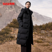 鸭鸭羽绒服女款2025秋冬过膝长款连帽黑色加厚保暖外套A