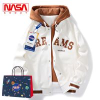 三栖虎 NASA联名夹克男 秋冬加绒假两件宽松休闲外套 白色 M
