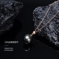 京润珍珠 K金海水珍珠吊坠 迎辉 大溪地黑珍珠 9-9.5mm配18K金链