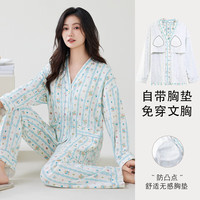 雅鹿睡衣女带胸垫长袖长裤套装春秋季薄款和服领开衫可外穿女家居服 T25651蓝色小熊 L 【95-115斤】