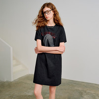 初语蜡染风棉质连衣裙女2026春季宽松圆领趣味联名图案中长裙 深灰 M