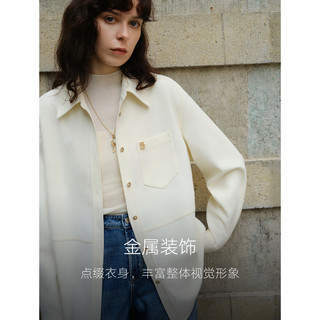 ELLE法式设计感磨毛极简衬衫女2025冬季新款宽松休闲廓形衬衣外套 米白