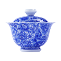 景德镇陶瓷青花二才盖碗釉下彩家用泡茶碗中式功夫茶具长辈高档 青花万花葵口盖碗