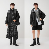 ELLE90白鸭绒撞色格子领连帽羽绒服女2025冬季新款设计感保暖外套 黑色