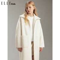 ELLEkids童装 针织拼接大翻领毛呢大衣女童秋冬双拉链中长款外套