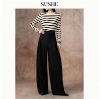 束皙 褶皱线条双拼时尚端庄结合2025冬季款高腰女士宽松阔腿裤