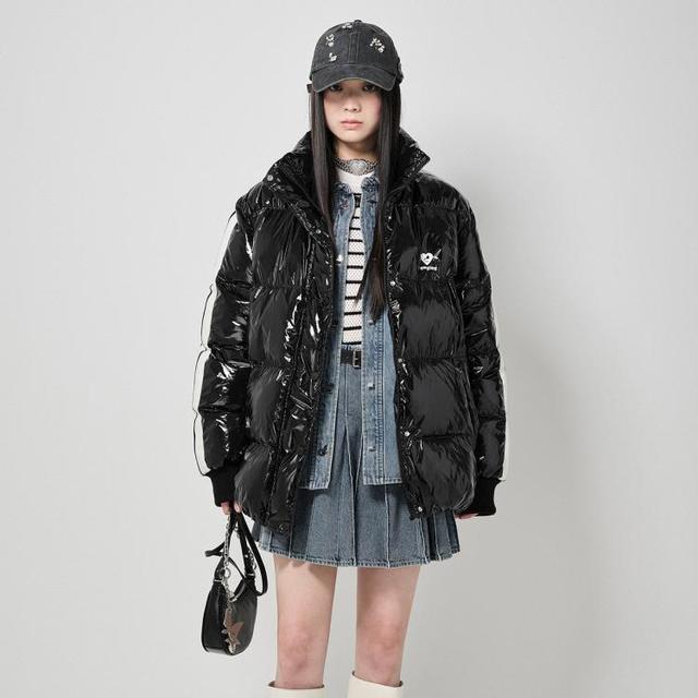 d'zzit 拼条亮面羽绒服秋冬季专柜运动风绣花立领外套女