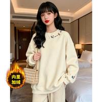 爱肯 加绒卫衣女休闲宽松冬季圆领套头落肩保暖上衣女