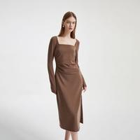 ONLY 冬季简约复古大方领垂感开衩长裙长袖连衣裙女