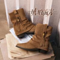 百思图 2025秋冬季西部堆堆靴时尚潮流复古粗跟女中靴