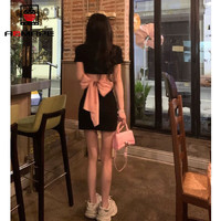 AEMAPE蝴蝶结纯欲辣妹露背黑色连衣裙子女收腰气质甜辣polo包臀短裙夏季 黑色【收腰】 S 【70-85斤】