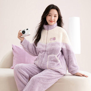 芬腾睡衣长毛绒2025秋冬立领拉链睡衣男女开衫运动家居服套装 浅紫（女款） XL