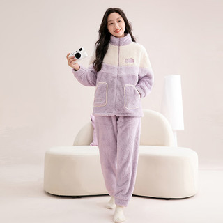 芬腾睡衣长毛绒2025秋冬立领拉链睡衣男女开衫运动家居服套装 浅紫（女款） XL