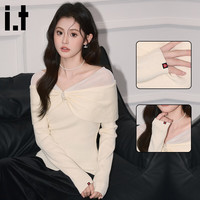 :CHOCOOLATE it女装打底衫设计感甜美减龄小众上衣女秋季一字肩针织毛衣 米白色 均码