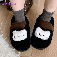 细细条 休闲亲子可爱小猫咪毛毛单鞋女创意魔术贴保暖冬季豆豆鞋