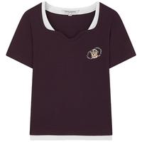 Teenie Weenie小熊女装2024年夏季素色撞色假两件T恤ins风修身 棕色 155/XS
