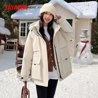 鸭鸭羽绒服女款2025秋冬中长款纯色简约连帽时尚鸭绒保暖外套