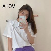 AIOV娃娃领衬衫女甜美可爱简约设计感短款白色短袖衬衣潮流薄上衣