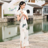 新式旗袍改良版年轻款少女复古民国风气质高端长款老上海性感优雅 长款八扣荷花 XL