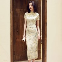 新式旗袍改良版年轻款少女复古民国风气质高端长款老上海性感优雅 柳丝锻黄 4XL