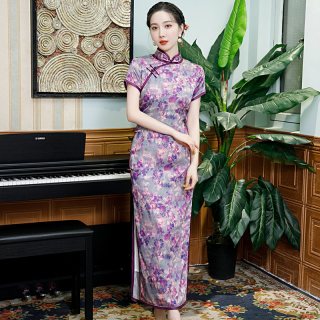 新式旗袍改良版年轻款少女复古民国风气质高端长款老上海性感优雅 长款紫藤 L