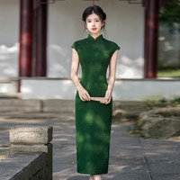 新式旗袍改良版年轻款少女复古民国风气质高端长款老上海性感优雅 连肩袖绿 3XL