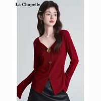 La Chapelle/拉夏贝尔 红色V领长袖收腰褶皱修身T恤