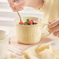 华青格陶瓷杯马克杯高颜值水杯创意办公室女士喝水杯咖啡杯子 4.8英寸浮雕色釉早餐杯米黄色