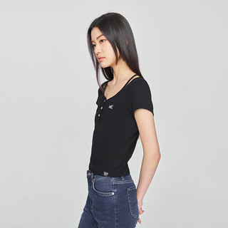 Lee 李修身圆领刺绣Logo女短袖T恤 黑色 M